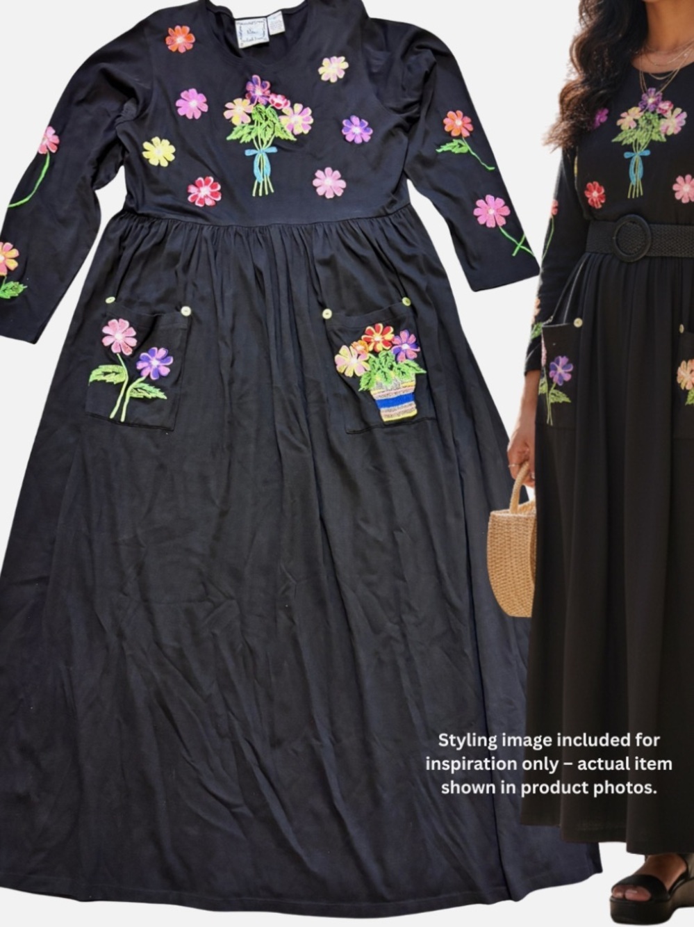 VTG Michael Simon Black Maxi Dress Embroidered Floral Appliqué Cotton  L